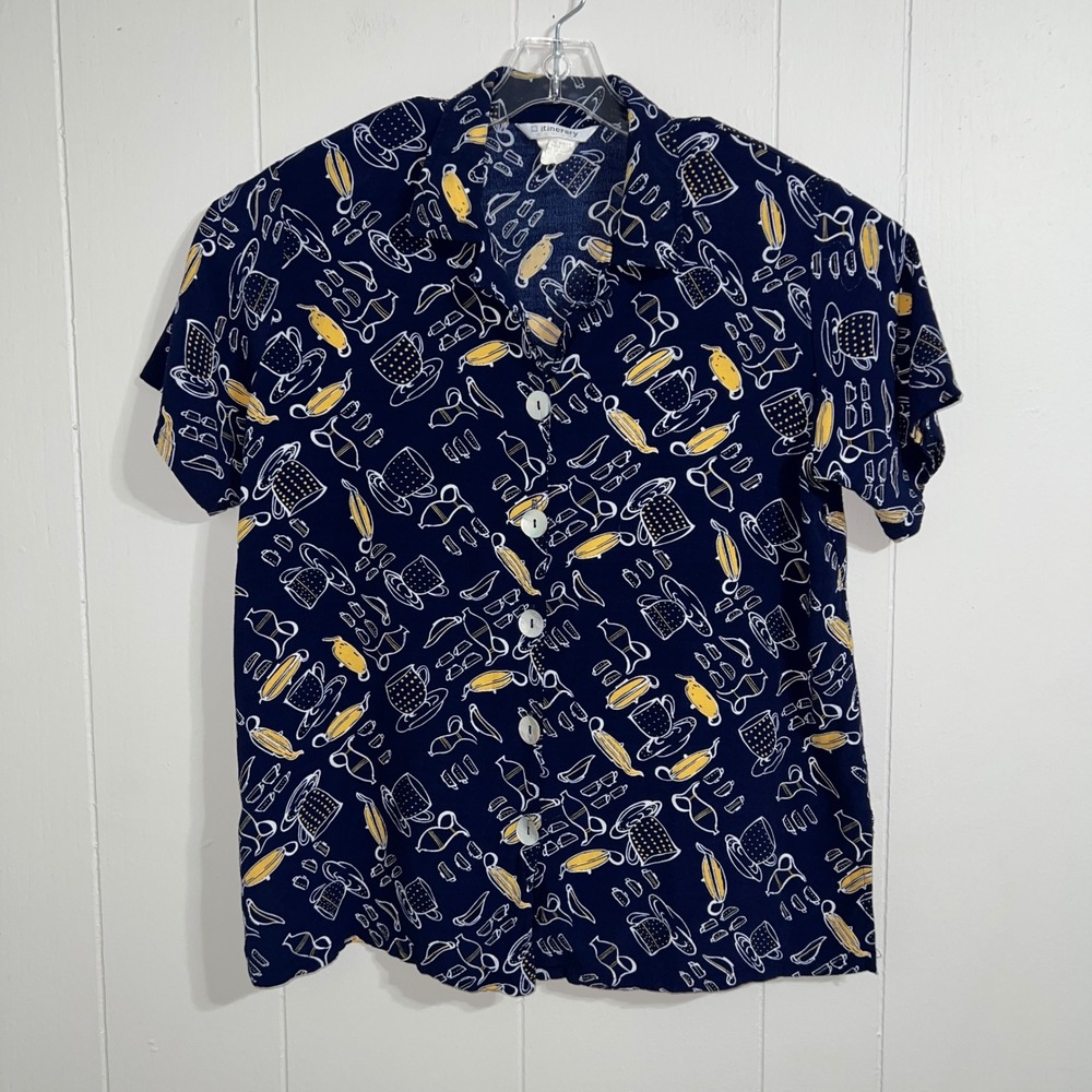 Itinerary Button Up Short Sleeve Shirt‎ Navy Blue Coffee Tea Cup Print Size 1X
